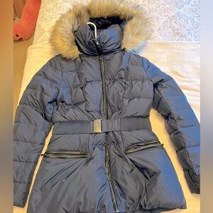 DKNY Donna Karan Navy Down Puffer Jacket with Fur Trimmed Hood